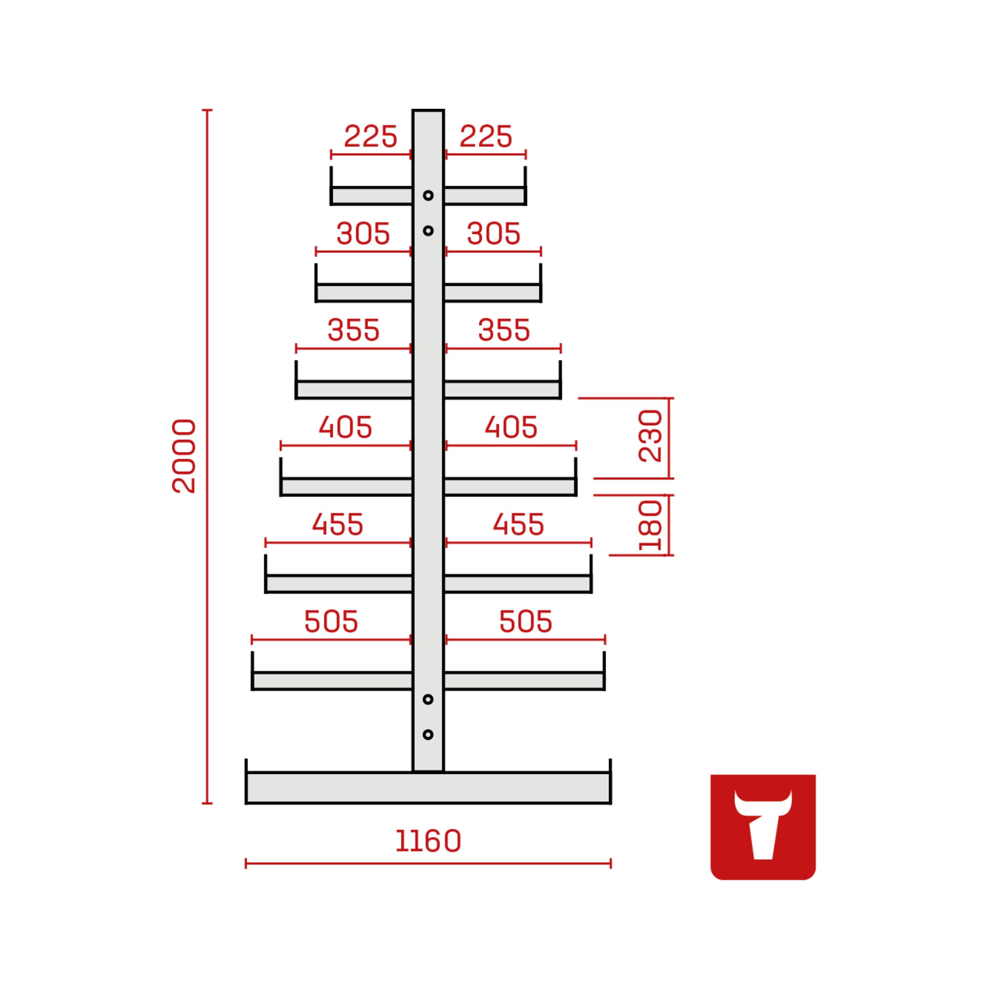 STIER cantilever rack double-sided 1 bay with 6 descending levels 1300x2000x500mm fire red