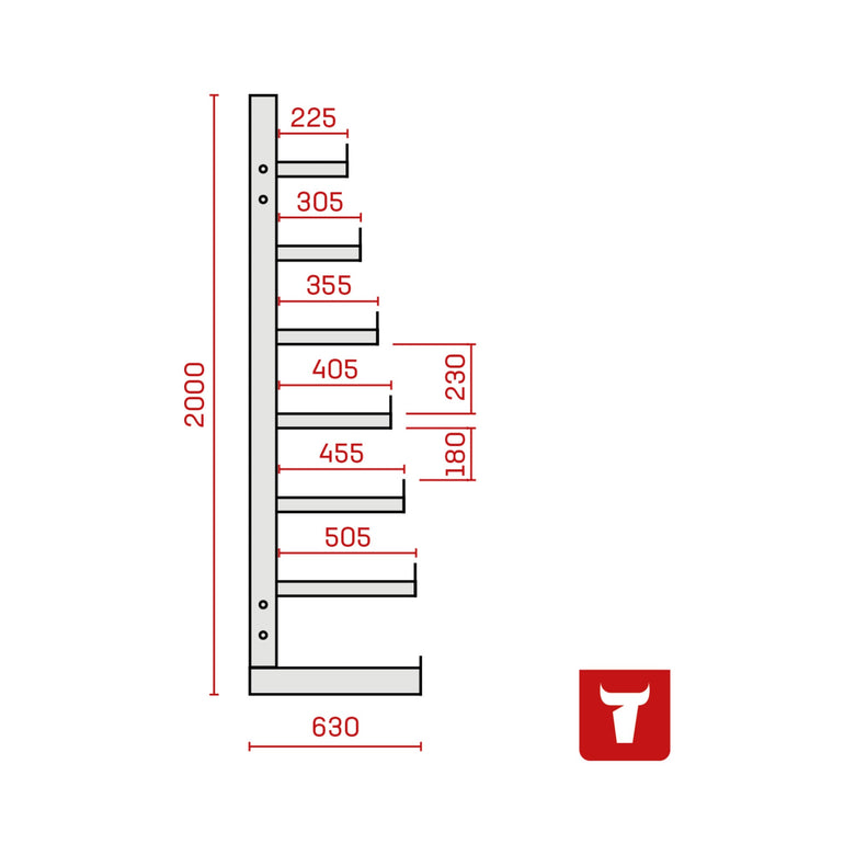 STIER Kragarmregal einseitig 1 Feld mit 6 absteigenden Ebenen 1300x2000x500mm feuerrot