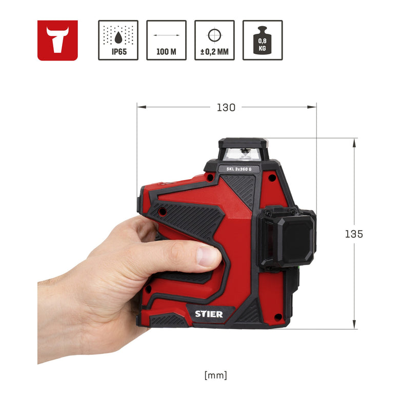 STIER Kreuzlinienlaser SKL 3x360°, 520nm, grün, 1/4" und 5/8" Gewinde im Koffer