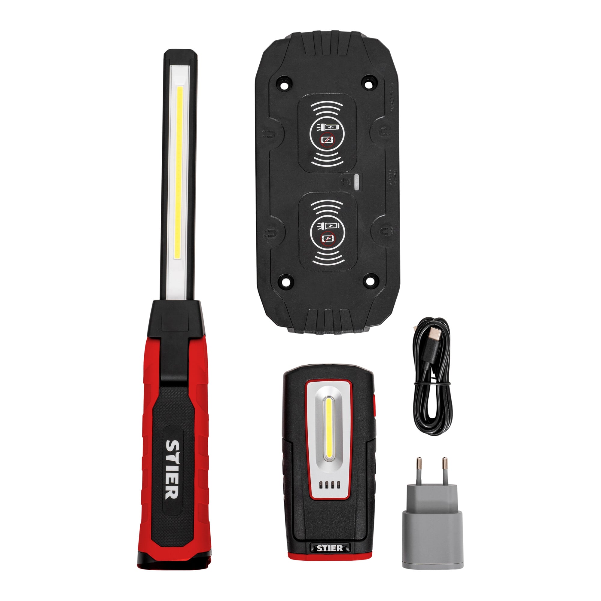 STIER LED Arbeitsleuchten Set 300/1000 Lumen magnetisch Induktionsladepad 120°