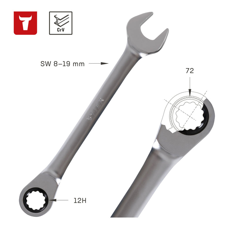 STIER combination ratchet wrench set 12-piece 12H profile chrome-vanadium steel