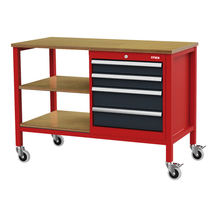 STIER Mobile Kastenwerkbank mit 4 Schubladen und 2 Holzfachböden BxTxH 1300x600x960 mm RAL 3020 / RAL 7016