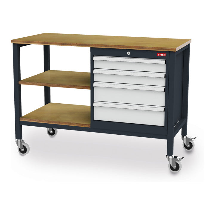 STIER Mobile workbench with 4 drawers and 2 wooden shelves WxDxH 1300x600x960 mm RAL 7016 / RAL 7035