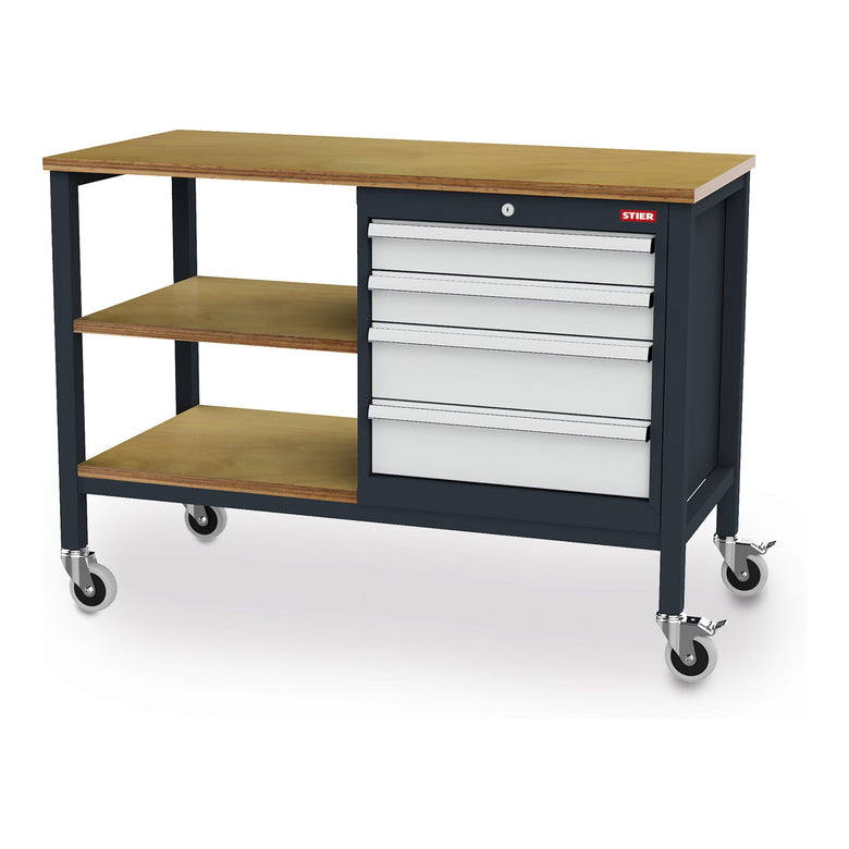 STIER Mobile workbench with 4 drawers and 2 wooden shelves WxDxH 1300x600x960 mm RAL 7016 / RAL 7035