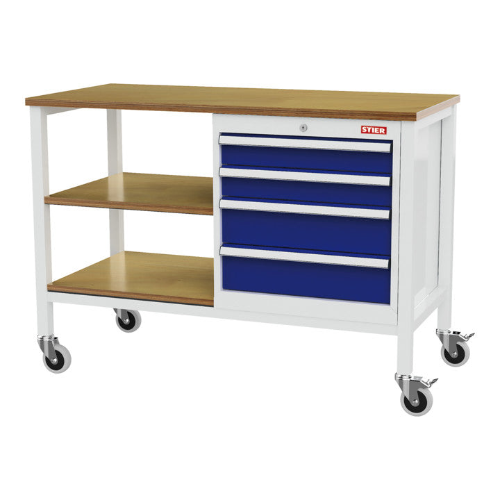 STIER Mobile Kastenwerkbank mit 4 Schubladen und 2 Holzfachböden BxTxH 1300x600x960 mm RAL 7035 / RAL 5010