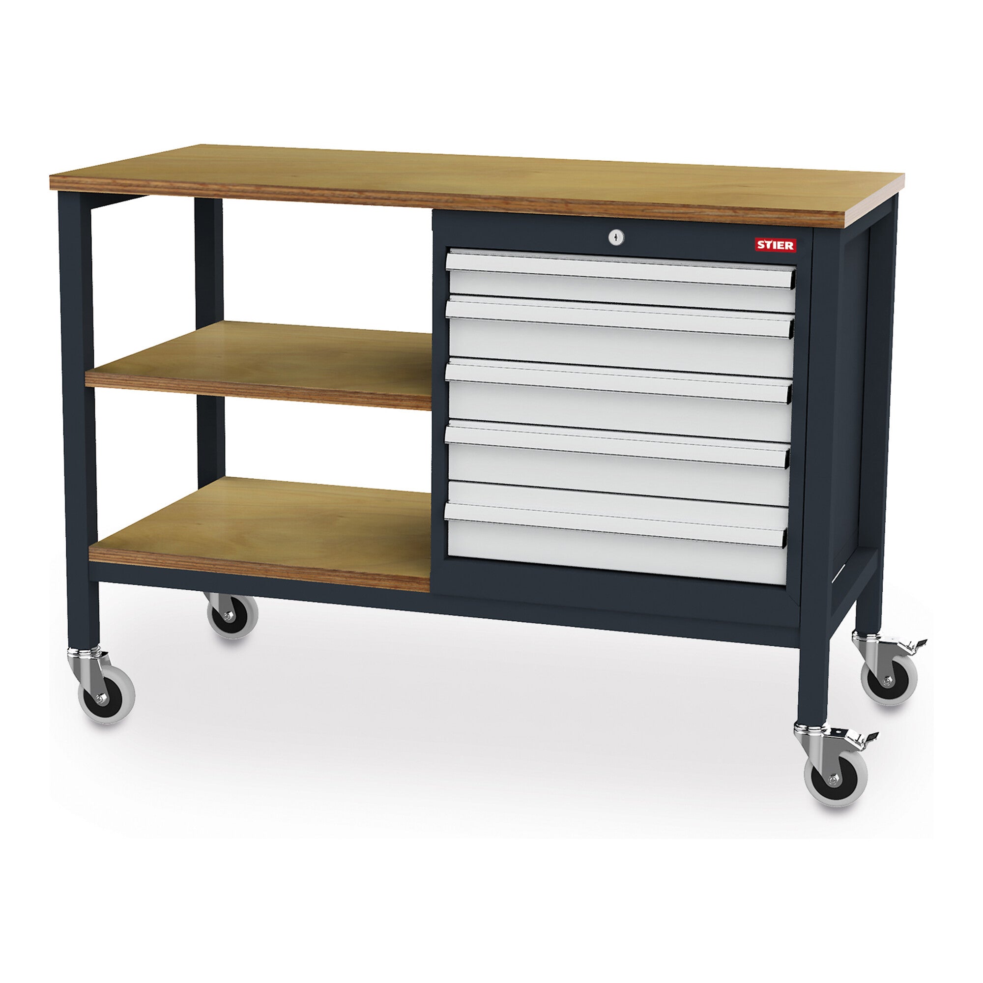 STIER Mobile workbench with 4 drawers and 2 wooden shelves WxDxH 1300x600x960 mm RAL 7016 / RAL 7035
