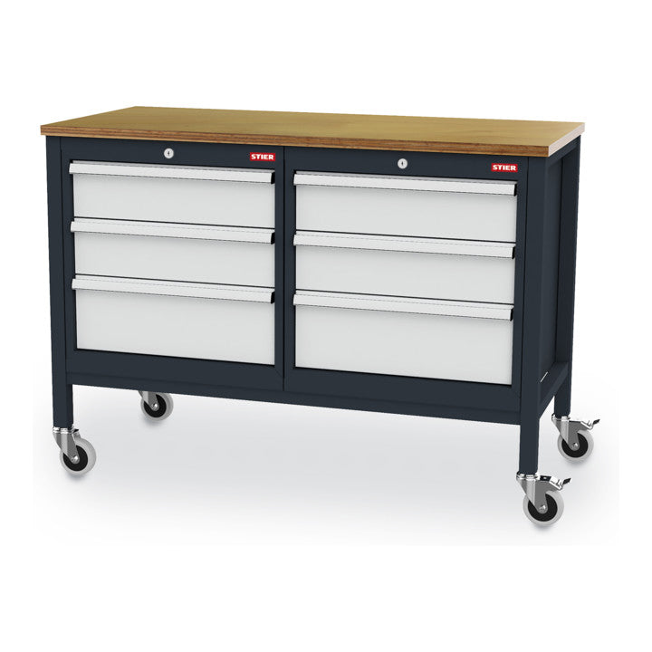 STIER Mobile Kastenwerkbank mit 6 Schubladen BxTxH 1300x600x960 mm RAL 7016 / RAL 7035