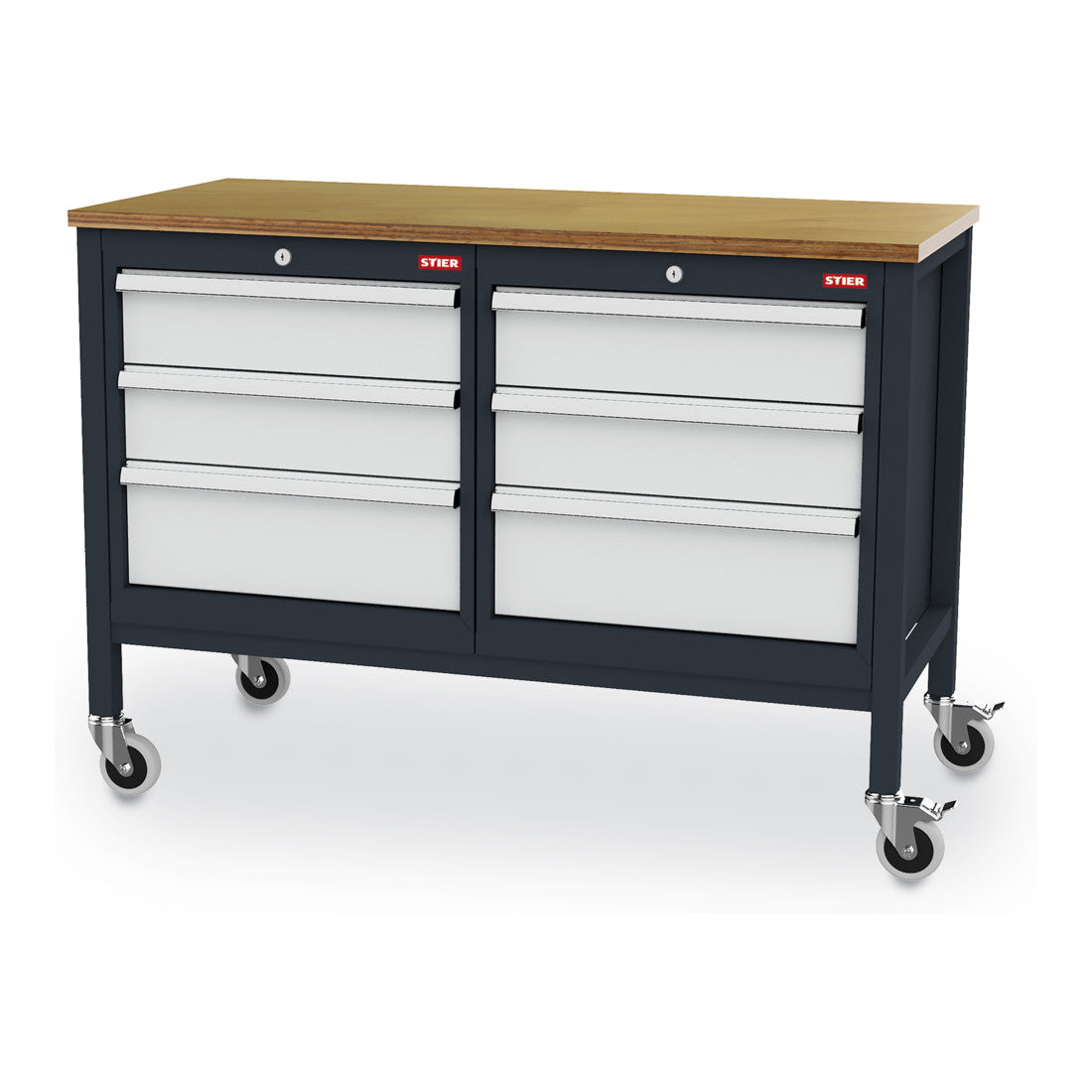 STIER Mobile Kastenwerkbank mit 6 Schubladen BxTxH 1300x600x960 mm RAL 7016 / RAL 7035