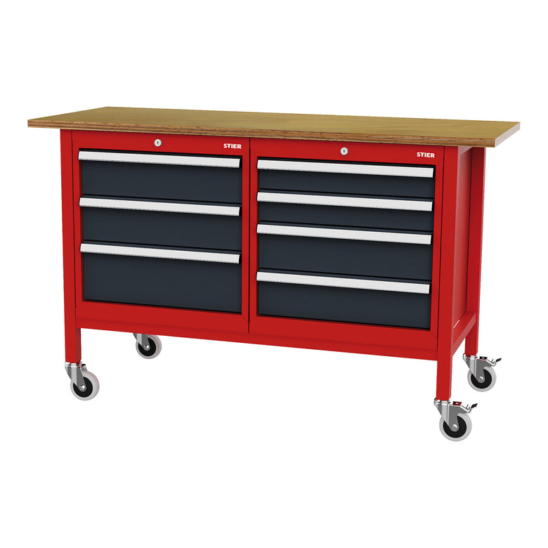 STIER Mobile Kastenwerkbank mit 4 Schubladen und 2 Holzfachböden BxTxH 1300x600x960 mm RAL 3020 / RAL 7016