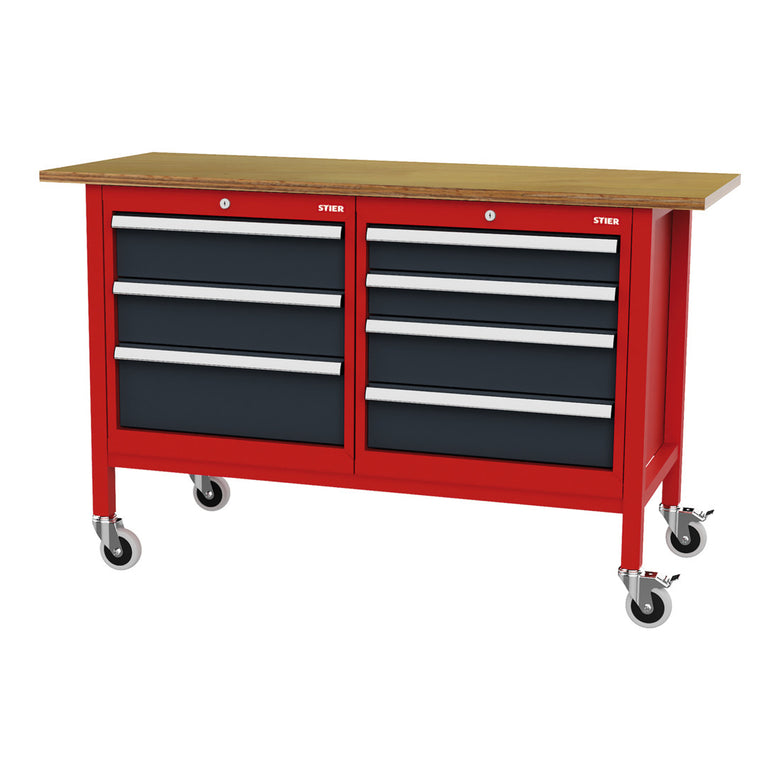 STIER Mobile Kastenwerkbank mit 4 Schubladen und 2 Holzfachböden BxTxH 1300x600x960 mm RAL 3020 / RAL 7016