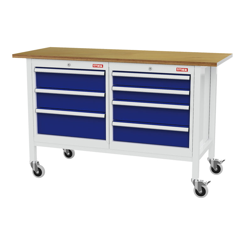 STIER Mobile Kastenwerkbank mit 4 Schubladen und 2 Holzfachböden BxTxH 1300x600x960 mm RAL 7035 / RAL 5010