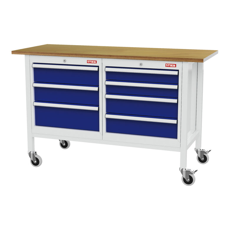 STIER Mobile Kastenwerkbank mit 4 Schubladen und 2 Holzfachböden BxTxH 1300x600x960 mm RAL 7035 / RAL 5010
