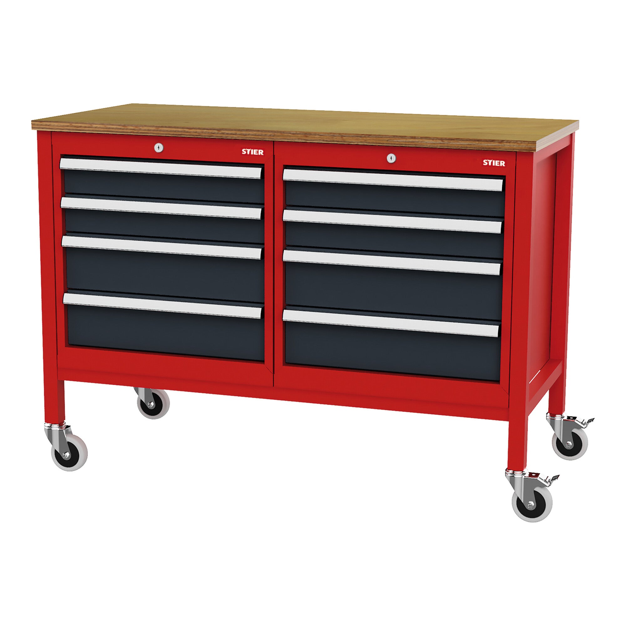 STIER Mobile box workbench with 8 drawers WxDxH 1300x600x960 mm RAL 3020 /