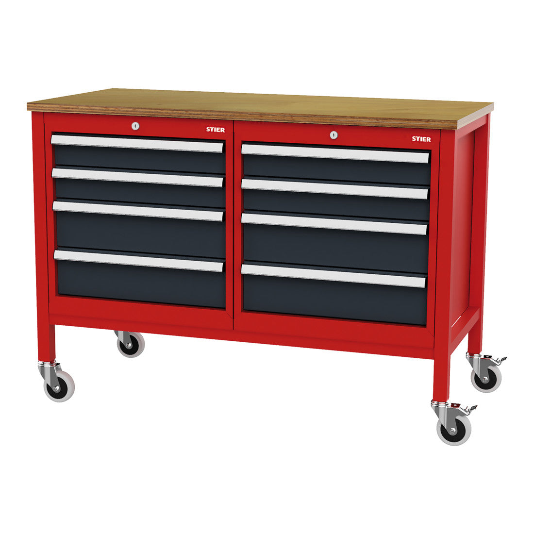 STIER Mobile box workbench with 8 drawers WxDxH 1300x600x960 mm RAL 3020 /