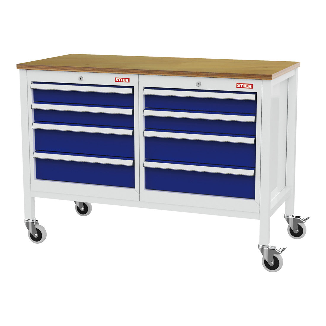 STIER Mobile box workbench with 8 drawers WxDxH 1300x600x960 mm RAL 7035 /