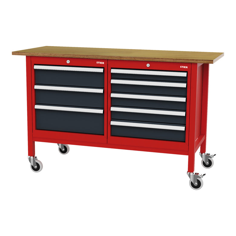 STIER Mobile Kastenwerkbank mit 4 Schubladen und 2 Holzfachböden BxTxH 1300x600x960 mm RAL 3020 / RAL 7016