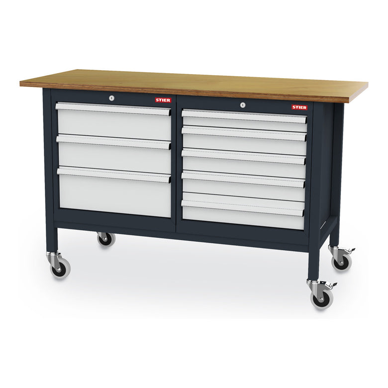 STIER Mobile Kastenwerkbank mit 6 Schubladen BxTxH 1300x600x960 mm RAL 7016 / RAL 7035