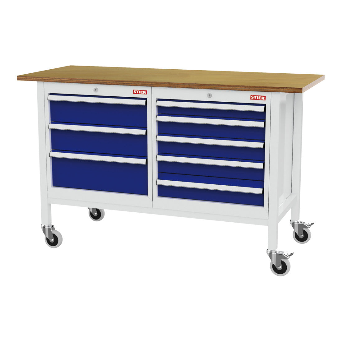 STIER Mobile Kastenwerkbank mit 4 Schubladen und 2 Holzfachböden BxTxH 1300x600x960 mm RAL 7035 / RAL 5010