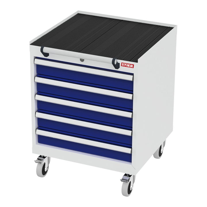 STIER Mobiler Schubladenschrank mit 5 Schubladen BxTxH 600x575x790 mm lichtgrau/enzianblau, RAL 7035 / RAL 5010