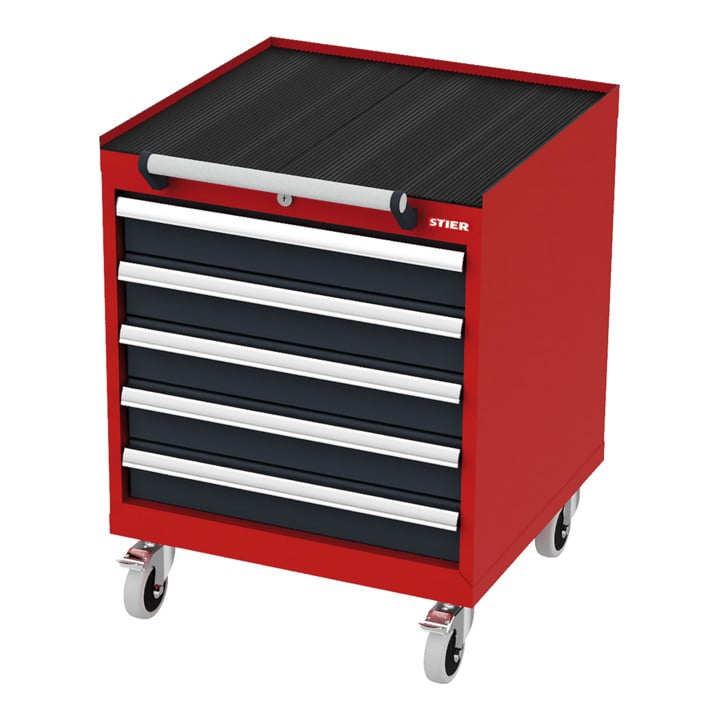 STIER Mobiler Schubladenschrank mit 5 Schubladen BxTxH 600x575x790 mm rot/anthrazitgrau, RAL 3020 / RAL 7016