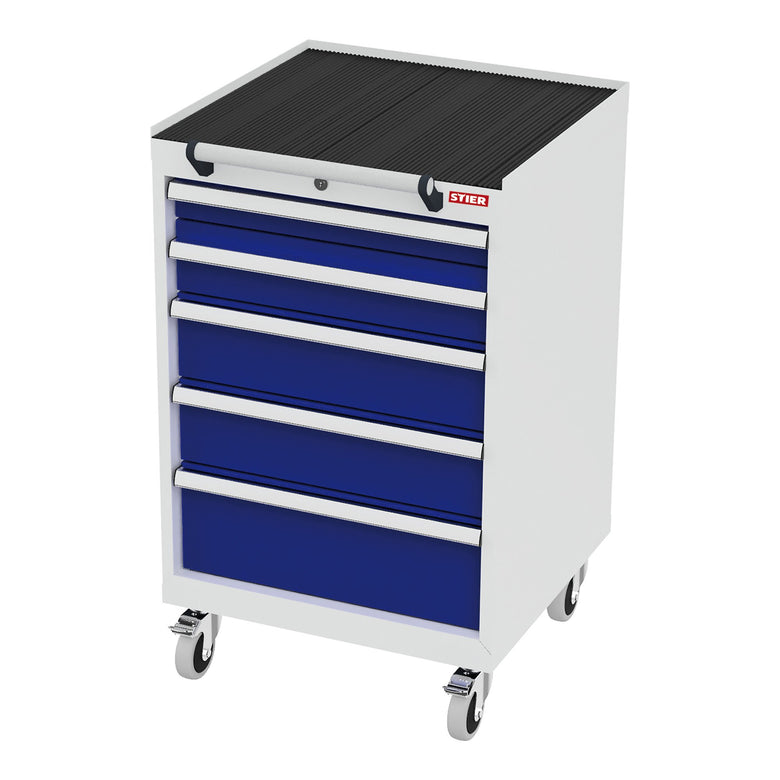 STIER Mobiler Schubladenschrank mit 5 Schubladen BxTxH 600x575x790 mm lichtgrau/enzianblau, RAL 7035 / RAL 5010