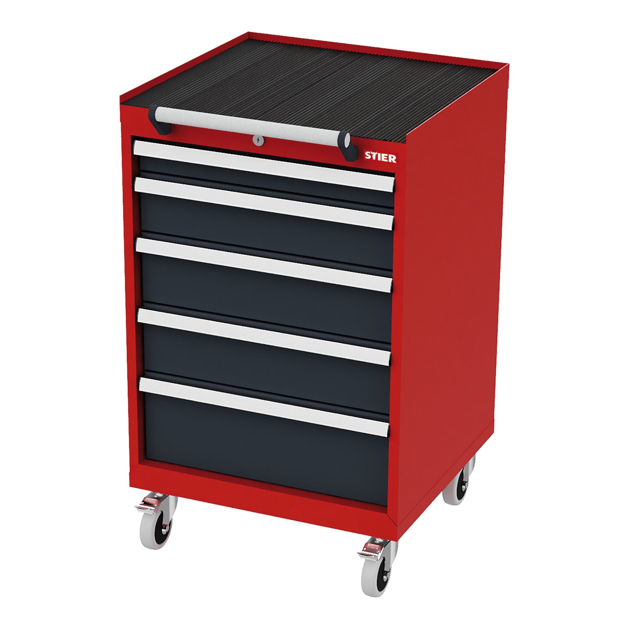 STIER Mobiler Schubladenschrank mit 5 Schubladen BxTxH 600x575x790 mm rot/anthrazitgrau, RAL 3020 / RAL 7016
