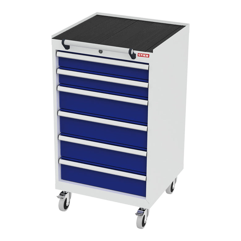 STIER Mobiler Schubladenschrank mit 5 Schubladen BxTxH 600x575x790 mm lichtgrau/enzianblau, RAL 7035 / RAL 5010