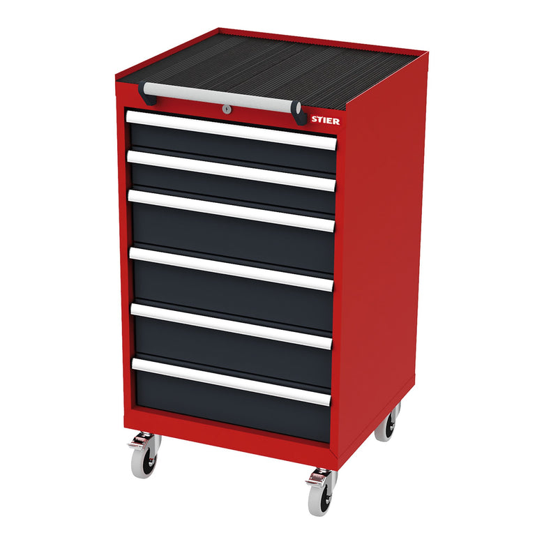 STIER Mobiler Schubladenschrank mit 5 Schubladen BxTxH 600x575x790 mm rot/anthrazitgrau, RAL 3020 / RAL 7016