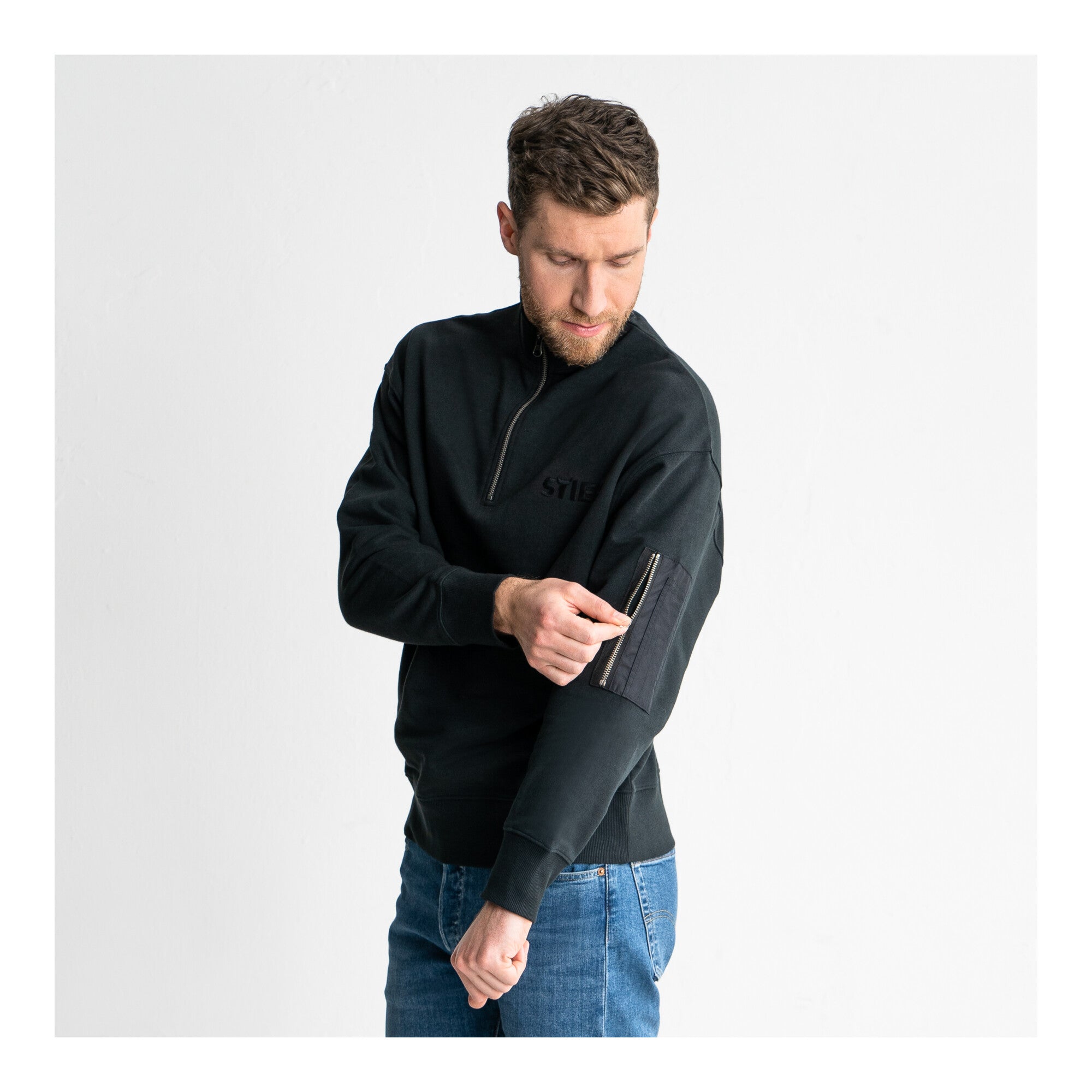 STIER Oversized Zip Sweater Functional Pocket organic cotton M Black