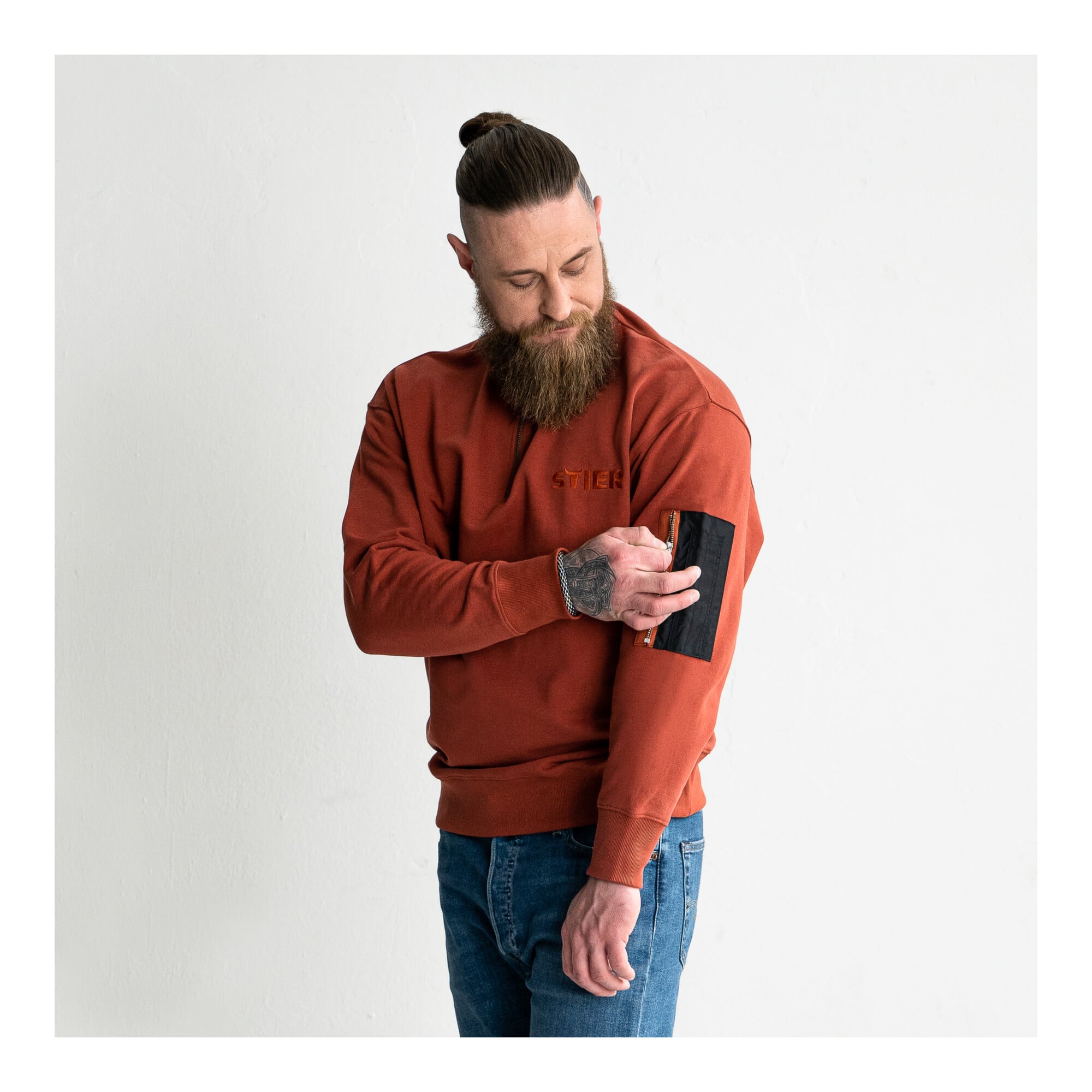 STIER Oversized Zip Sweater Functional Pocket organic cotton M Deep Red