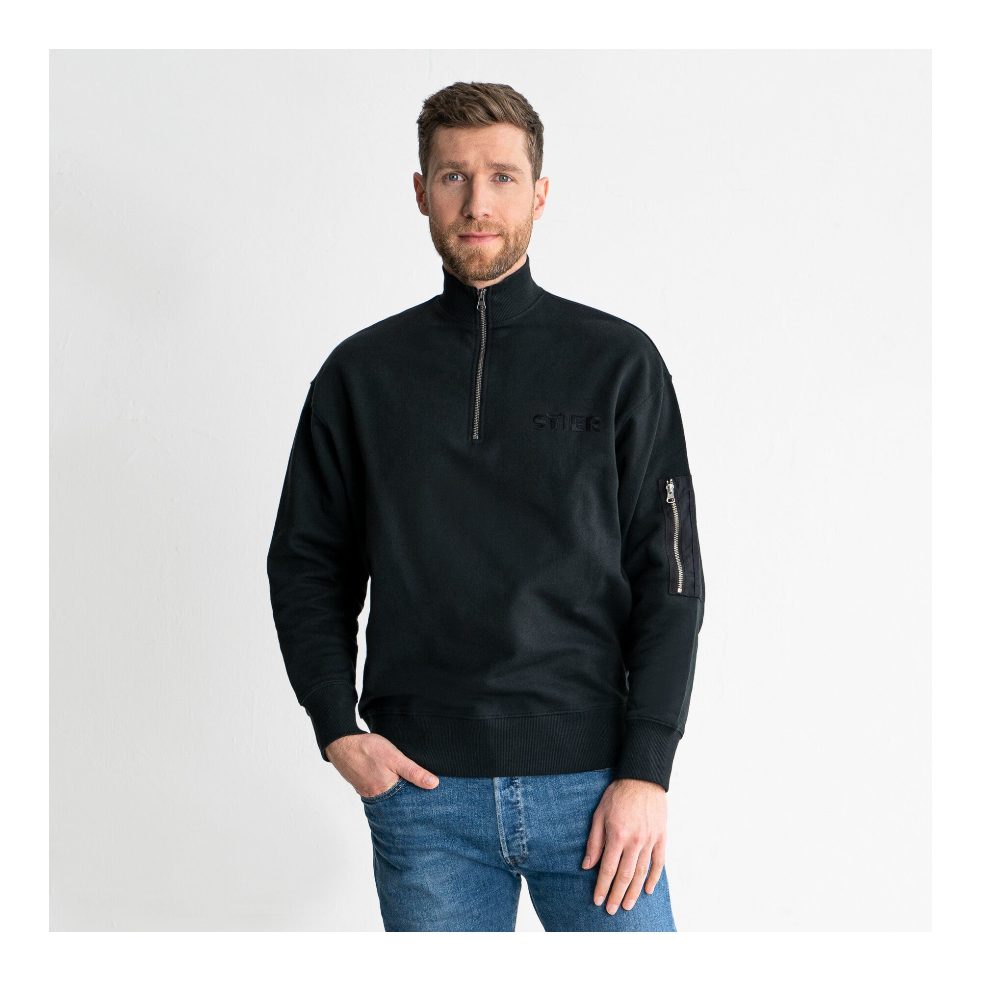 STIER Oversized Zip Sweater Functional Pocket organic cotton S Black