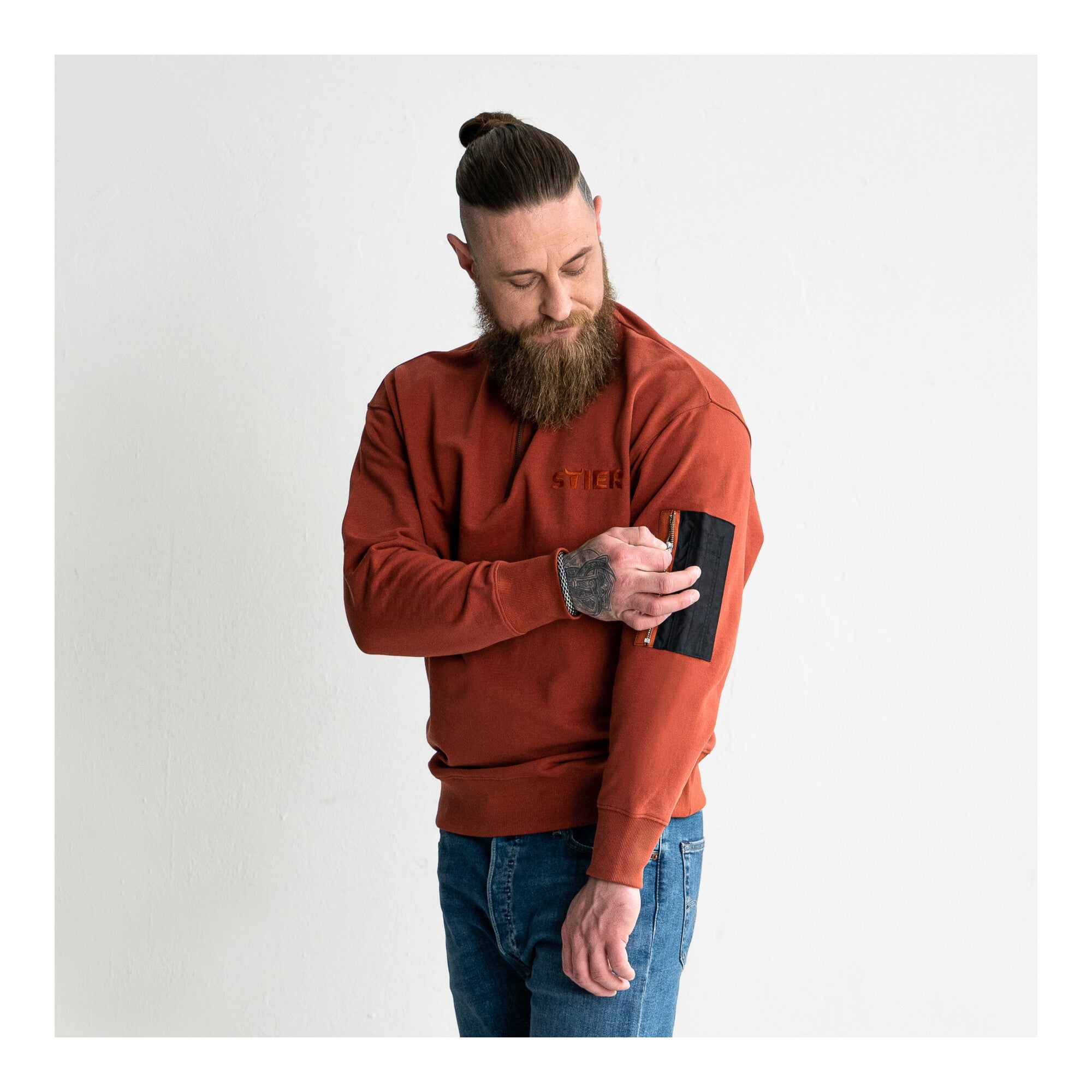 STIER Oversized Zip Sweater Functional Pocket organic cotton S Deep Red