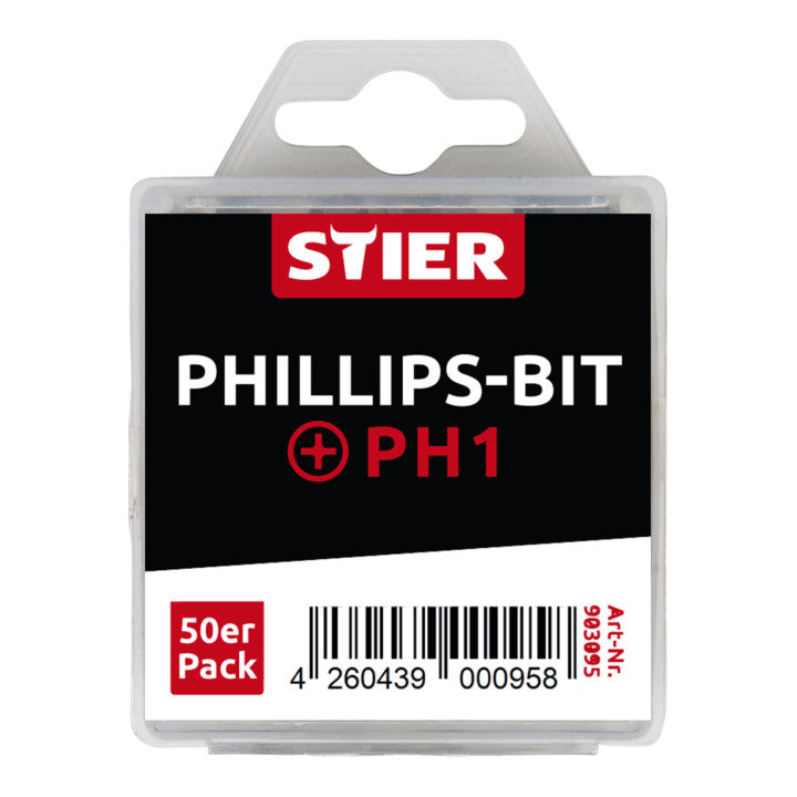 STIER Phillips bit bulk pack PH1 to PH2 50 pieces drive 1/4 25 mm length
