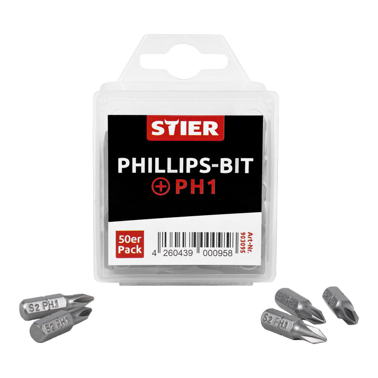 STIER Phillips bit bulk pack PH1 to PH2 50 pieces drive 1/4 25 mm length