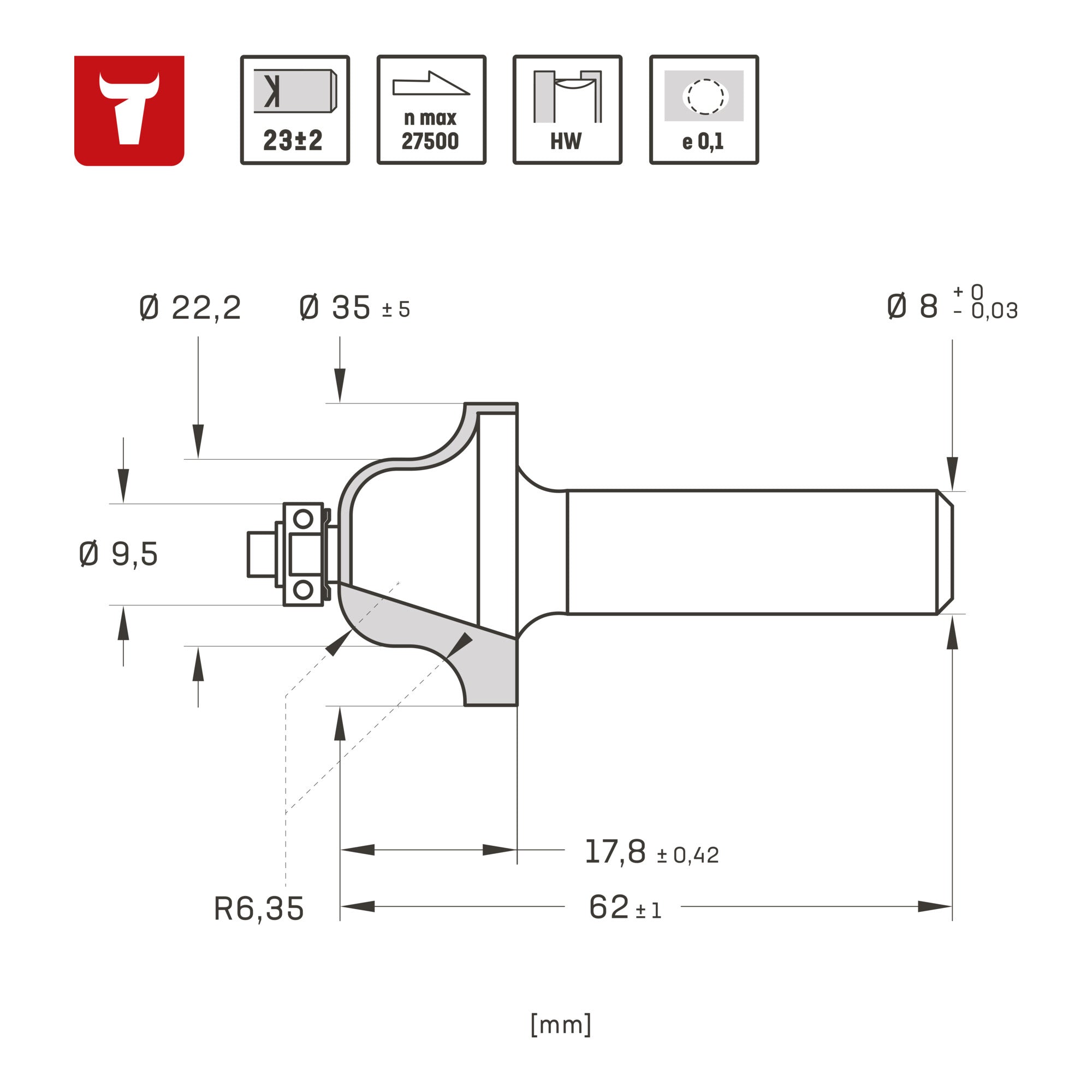 STIER profile milling cutter with ball bearing HM (HW) Ø 35 mm shank Ø 8 mm