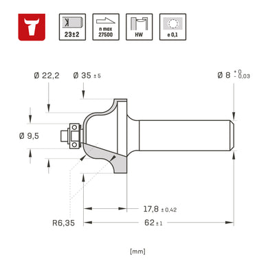 STIER profile milling cutter with ball bearing HM (HW) Ø 35 mm shank Ø 8 mm