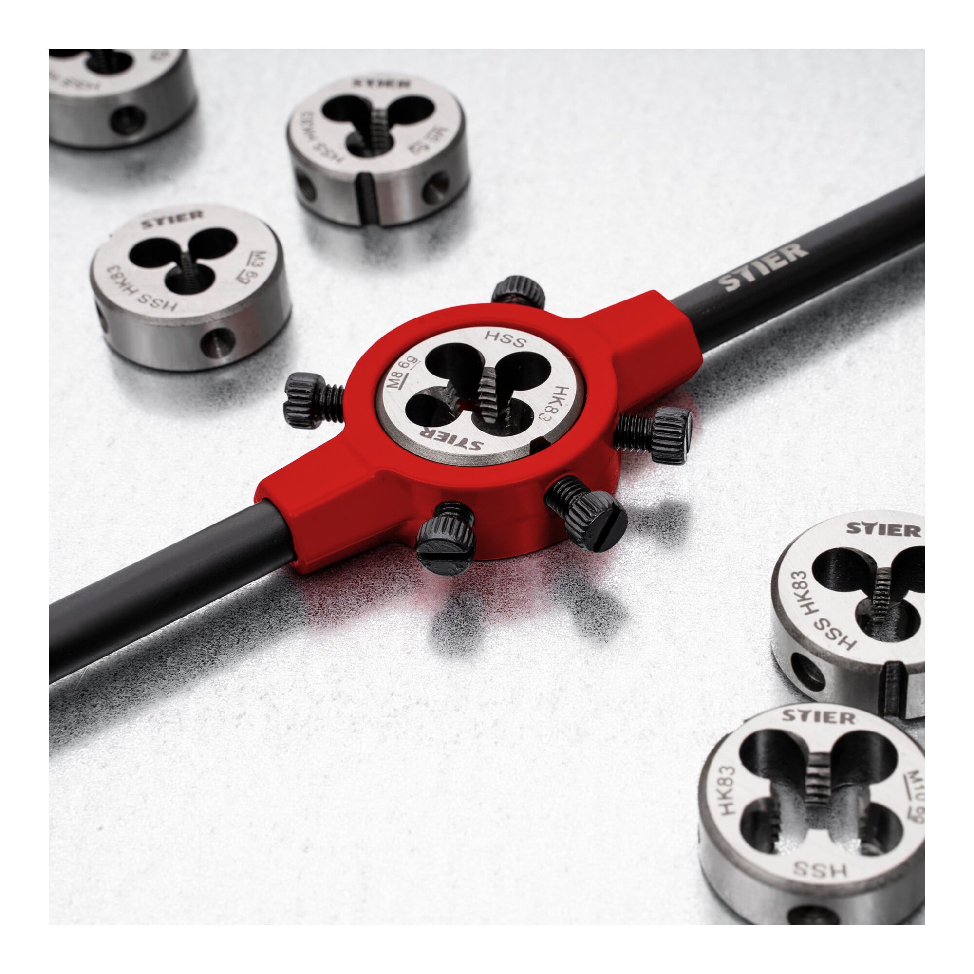 STIER Schneideisen-Satz HSS 25x9 M3-M12 8-tlg. Außengewindeschneider in stabiler