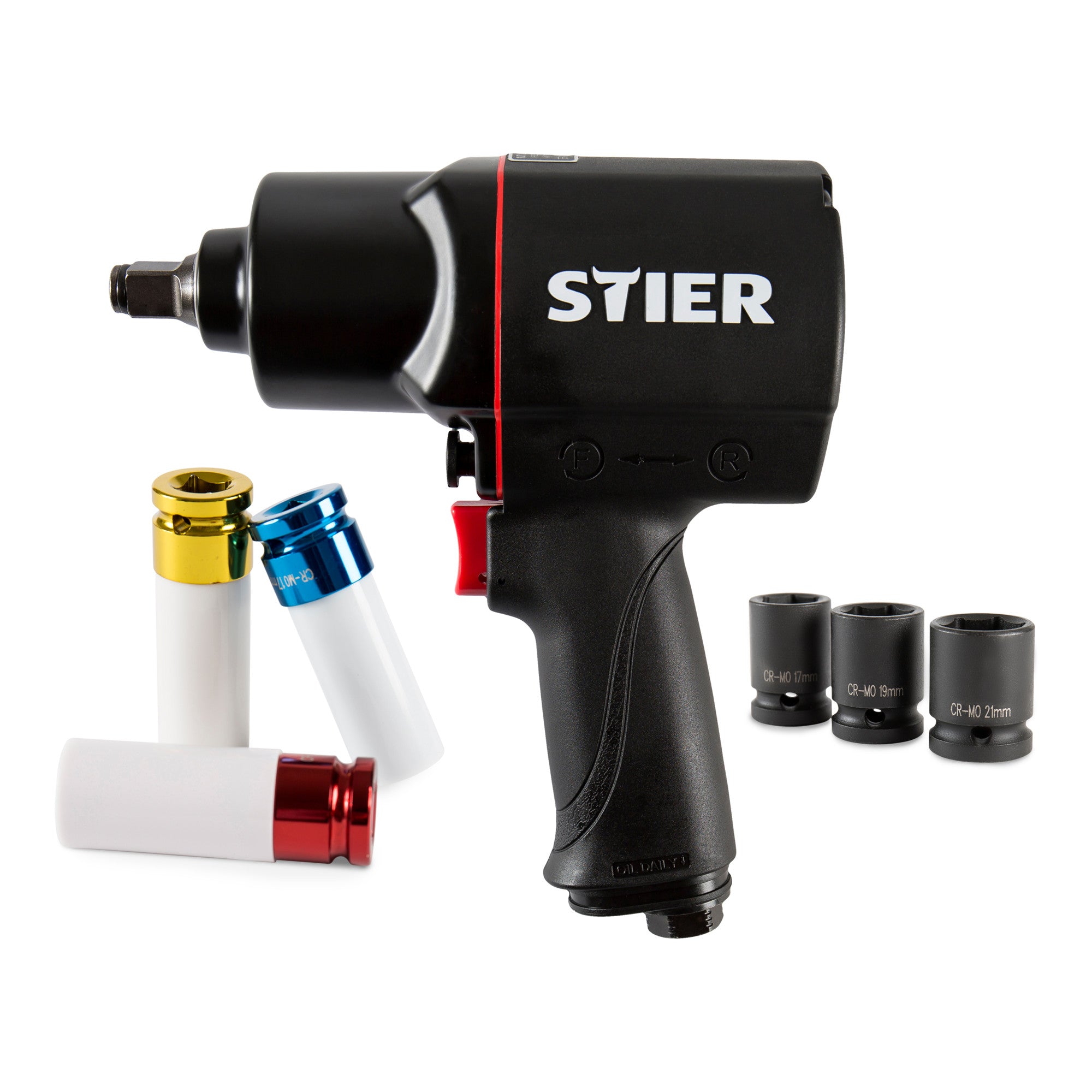 STIER pneumatic impact wrench 17-BBS set, 8 pieces, max. loosening torque 1,756 Nm