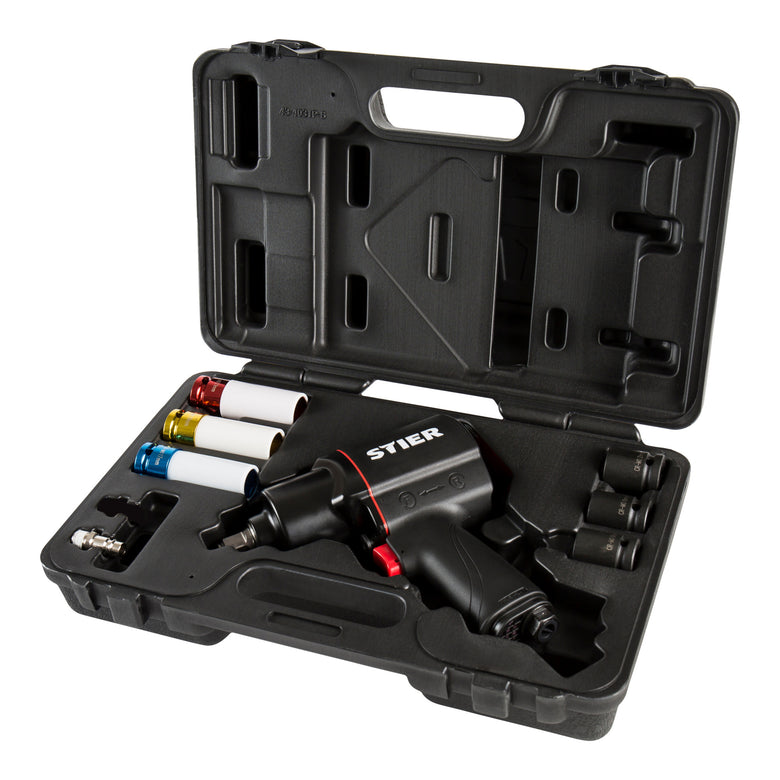 STIER pneumatic impact wrench 17-BBS set, 8 pieces, max. loosening torque 1,756 Nm