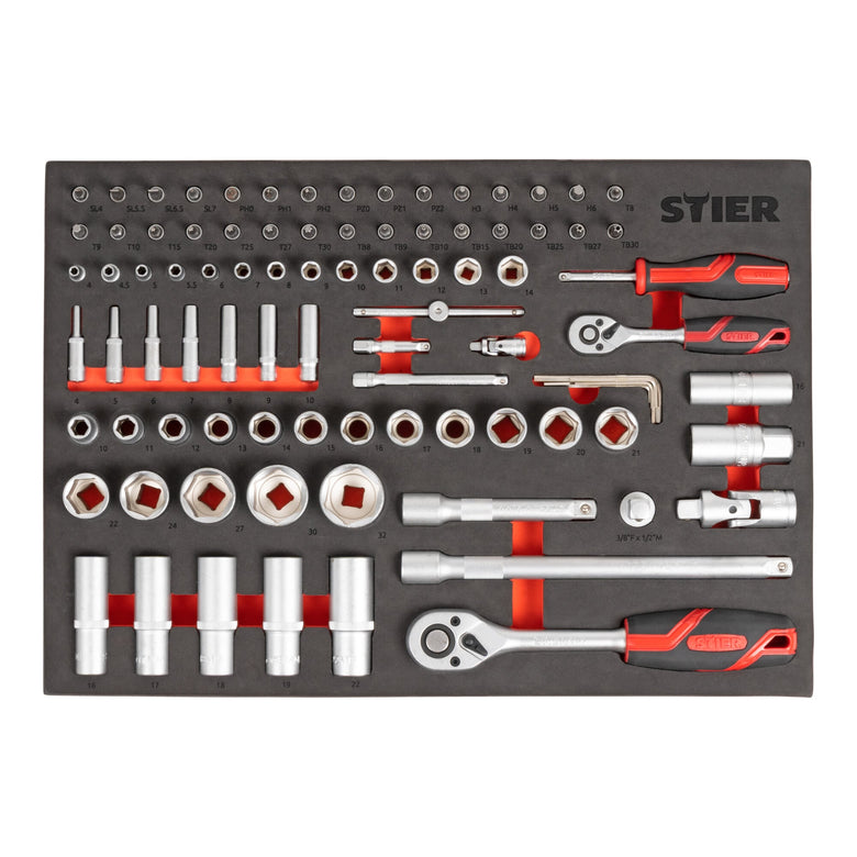 STIER Steckschlüssel Satz 92-teilig Chrom-Vanadium-Stahl 1/4 Zoll 1/2 Zoll mit