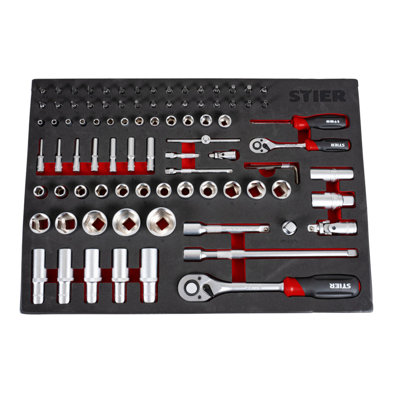 STIER Steckschlüssel Satz 92-teilig Chrom-Vanadium-Stahl 1/4 Zoll 1/2 Zoll mit