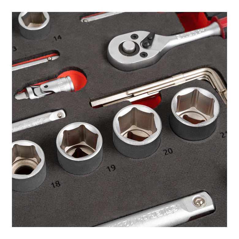 STIER Steckschlüssel Satz 92-teilig Chrom-Vanadium-Stahl 1/4 Zoll 1/2 Zoll mit