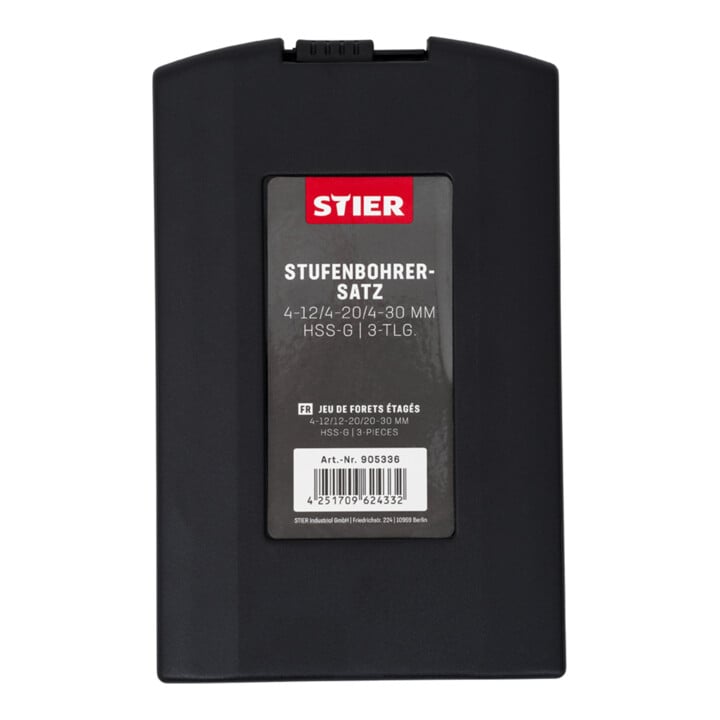 STIER step drill set HSS-G 3-piece in cassette 4-12 4-20 4-30mm metal drill
