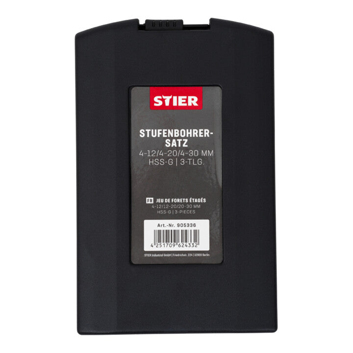 STIER step drill set HSS-G 3-piece in cassette 4-12 4-20 4-30mm metal drill