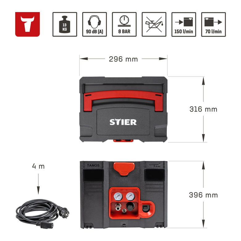 STIER Systainer compressor SKT 160-8-6 oil-free SysMaster compressed air pressure reducer