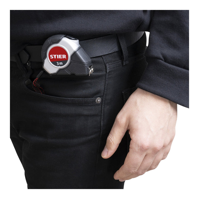 STIER Taschenbandmaß Länge 3 bis 8 m Gürtelclip Maßband Self-Lock-Buttons