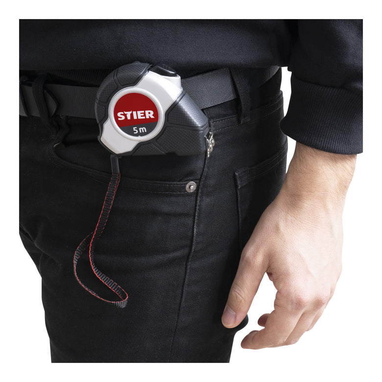 STIER Taschenbandmaß Länge 3 bis 8 m Gürtelclip Maßband Self-Lock-Buttons