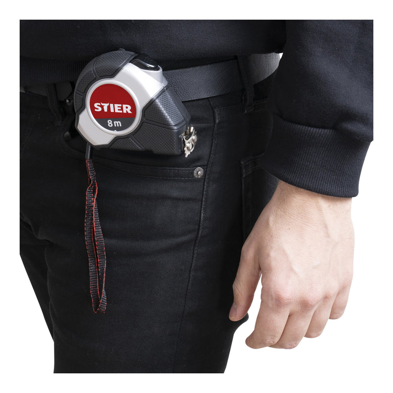 STIER Taschenbandmaß Länge 3 bis 8 m Gürtelclip Maßband Self-Lock-Buttons