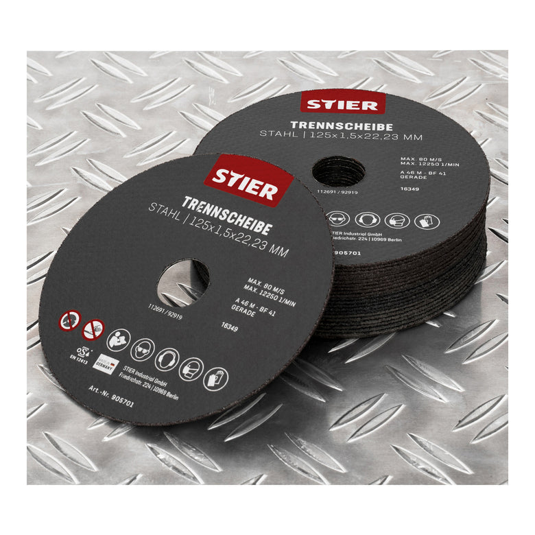 STIER cutting discs made of steel, dimensions: 125 x 1.5 x 22.23; shape 41; straight design;