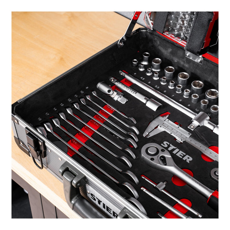 STIER Universal Werkzeugkoffer 144 teilig bestückt Werkzeug Koffer aus Aluminium